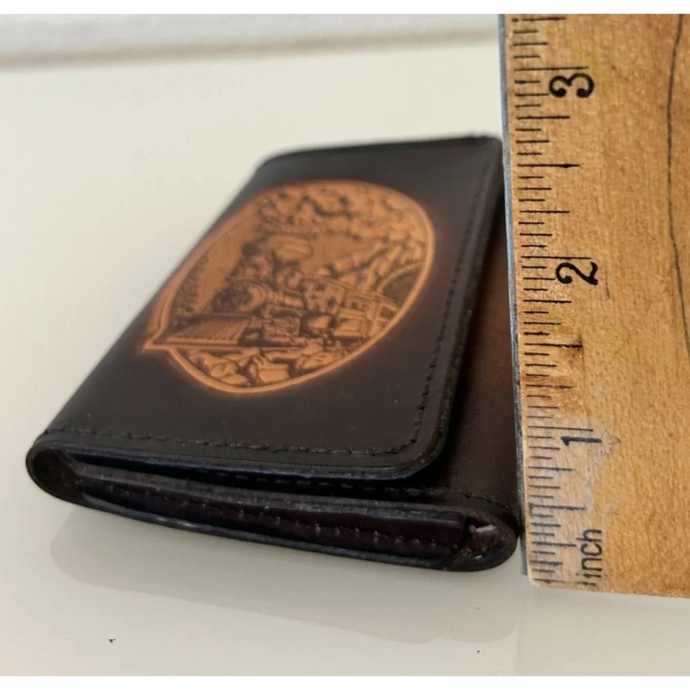 Vintage Tooled Leather Trifold Wallet Removable Card Insert Steam Locomotive NEW